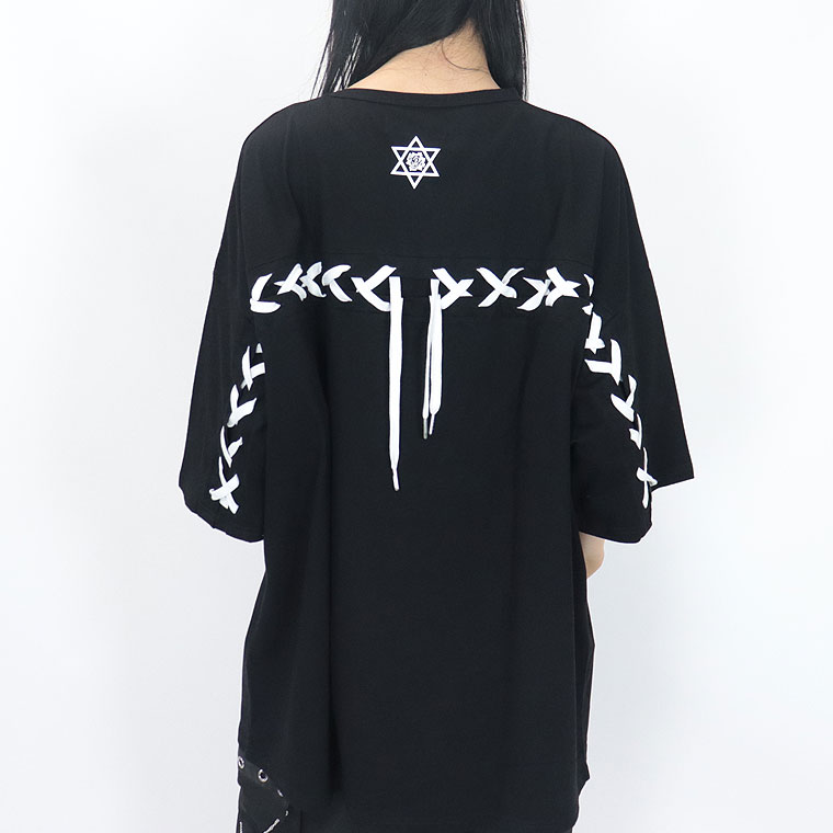 【PSYCHONATION】レースアップ仕様ラインストーンBIGシルエットTシャツ