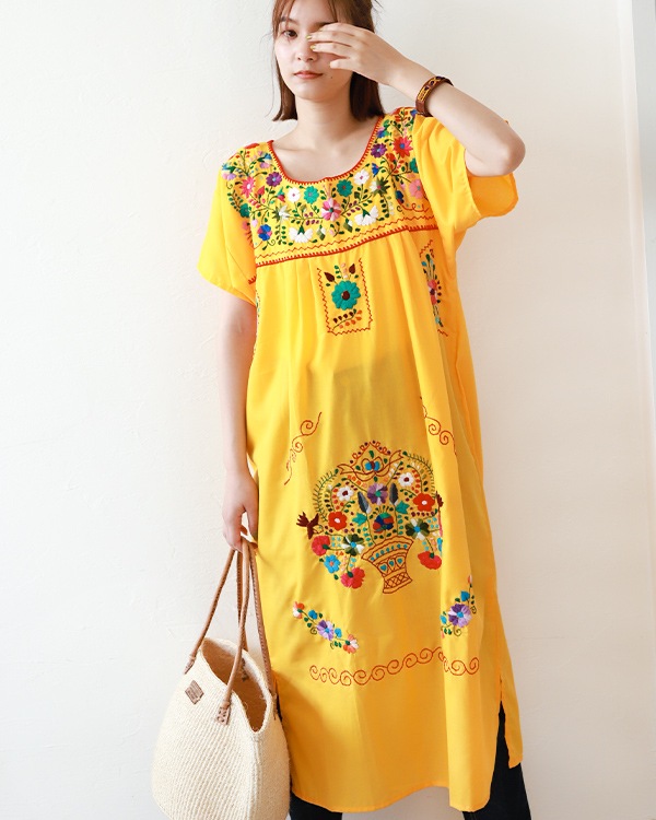 tesoro / メキシコ刺繍ワンピース / ブラック×カラフルフラワーA