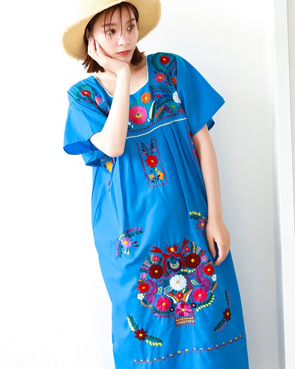 ≪20%OFF≫ tesoro / メキシコ刺繍ワンピース / アクアブルー｜テソロ