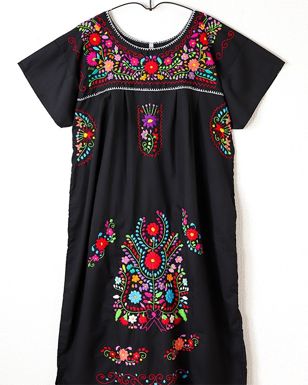 tesoro / メキシコ刺繍ワンピース / ブラック×カラフルフラワーD