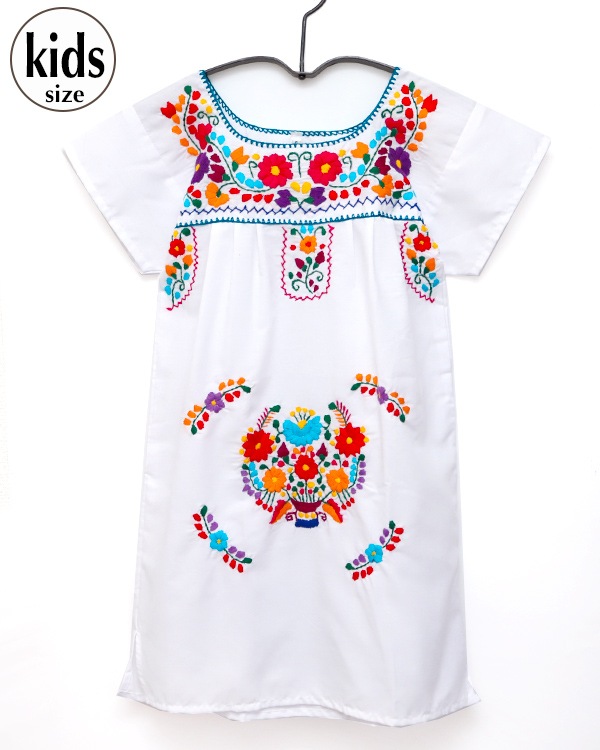 tesoro /kids メキシコ刺繍ワンピース /ホワイト×カラフルフラワー
