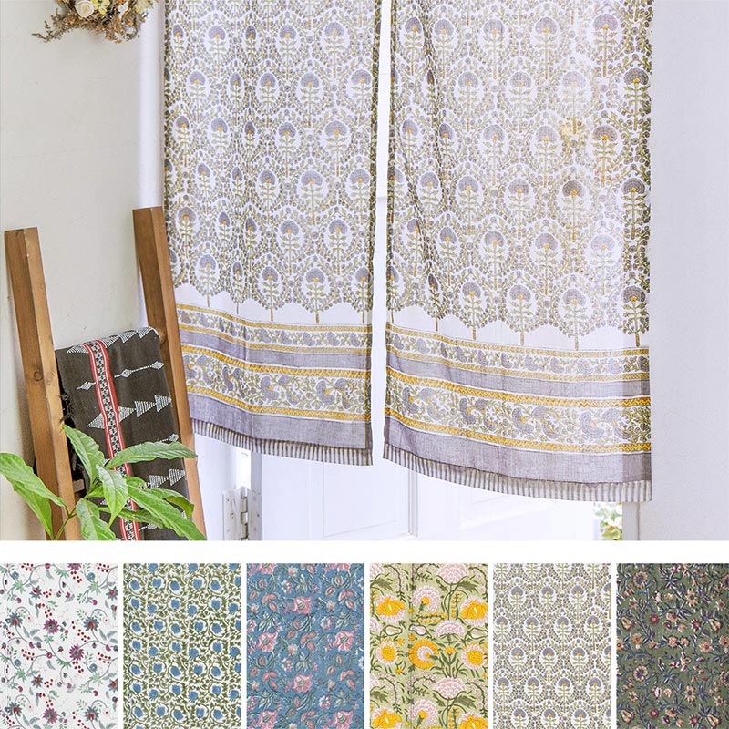 カフェカーテン　のれん　綿素材　ブロックプリント のれん☆インド綿☆ハンドメイド☆ブロックプリント「マリンブルー