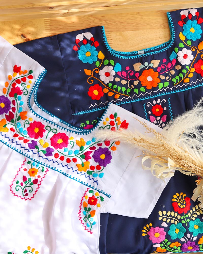 tesoro /kids メキシコ刺繍ワンピース /ホワイト×カラフル