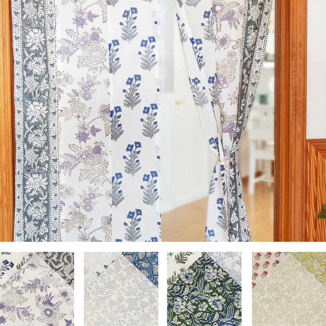 カフェカーテン　のれん　綿素材　ブロックプリント カフェカーテンのれん綿素材ブロックプリント