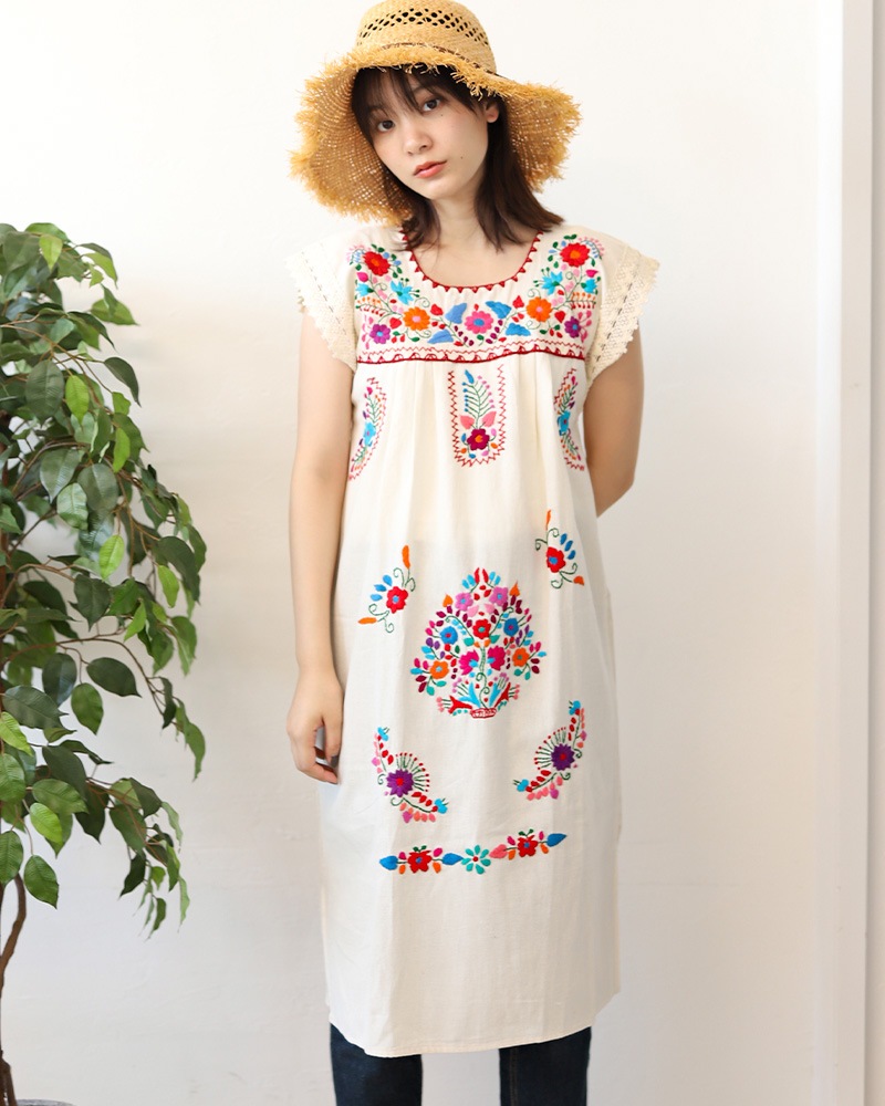 メキシコ刺繍　ワンピース tesoro / メキシコ刺繍ワンピース / ホワイト×カラフル｜テソロ