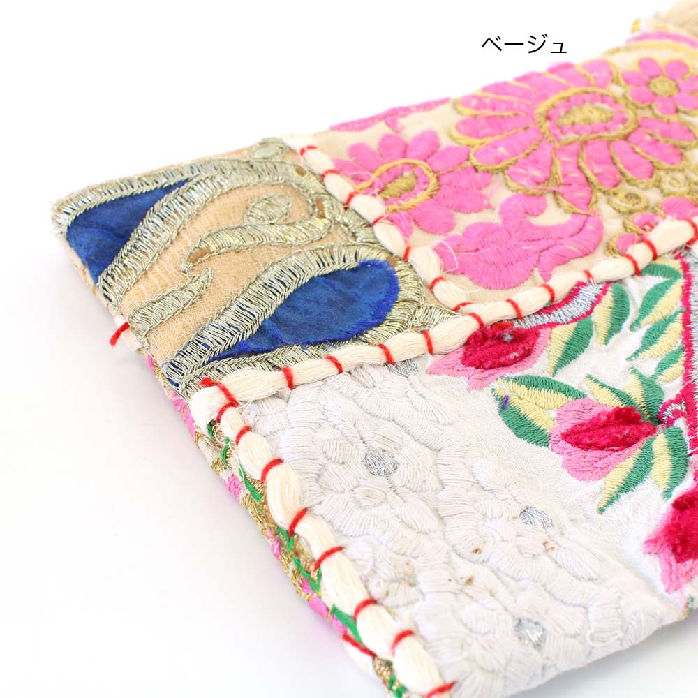 〘新品〙ピンクゴールド色柄１点パッチワーク刺繍入円筒形クッション約78cm 再入荷】 shanti / カンバディアパッチ /ポーチL [メール便対象品