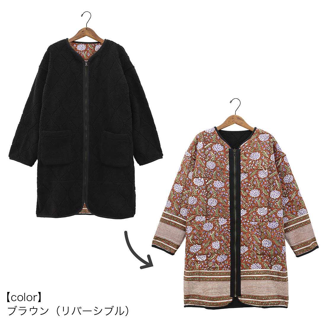 シャンティのコートです 新作】shanti / コート ブロックプリント×ボア｜テソロ(tesoro