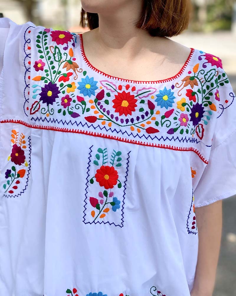 tesoro / メキシコ刺繍ワンピース / ホワイト×カラフルフラワーI