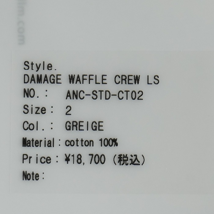 anc-std-ct02) / ANCELLM (アンセルム) / DAMAGE WAFFLE CREW LS