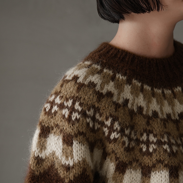 美品▲BATONERバトナー/モヘアノルデイッククルーネックニット　ブラウン BATONER（バトナー）の「【BATONER(バトナー)】モヘアノルディック