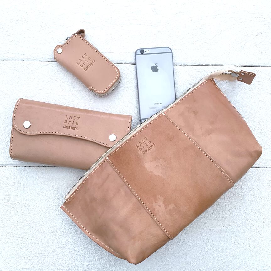 【 本ヌメ革 牛革 ファスナー ポーチ Lサイズ 】 パネルライン ZIP ポーチ ／ バッグインバッグ ・ cowhide カウハイド レザー 本革 ｜ 経年変化 おすすめ nfl hnd