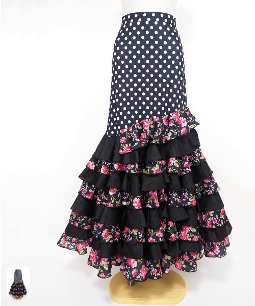 ★セール★フラメンコファルダ　モノトーンドットプリント×BK 　レッスン着 フラメンコスカート ドット×フラワープリント デザインファルダ