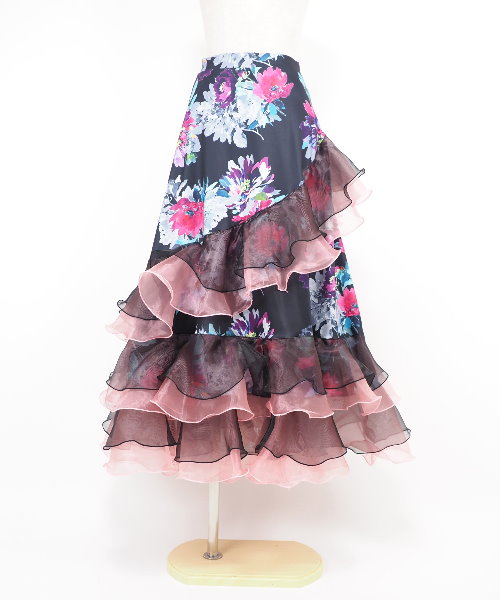 社交ダンス　オーガンジーフリル　スカート　ブルー&ブラック 新品 豪華 社交ダンス スカート 黒 青 フリル パーティ タンゴ