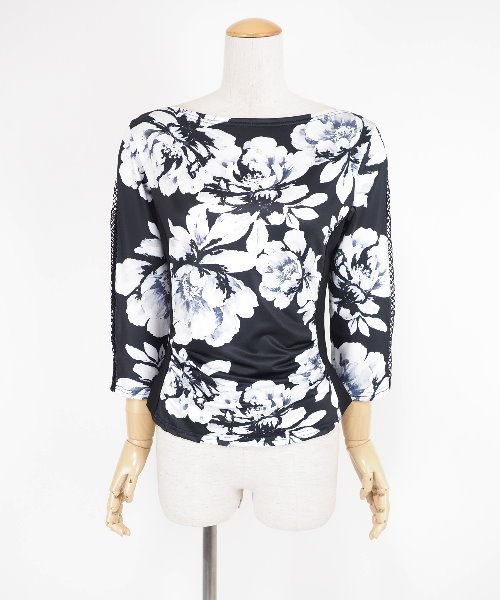 新品❣️未使用❣️ ✨レイリーナ　社交ダンス　カットソー　レース✨ プリントデザイントカットソー ブラックレース 【社交ダンス 衣装