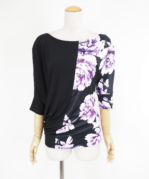 【Ｌサイズ】JOAN　新品社交ダンス　花柄肩フリルカットソー紺90042 JOAN 肩フリルトップス 90042-A Sサイズ 紺地 フラワープリント