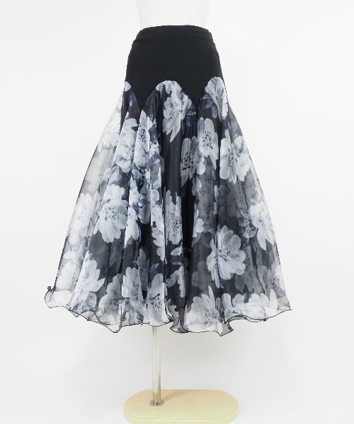 【新品】 社交ダンス花柄フレアスカートオーガンジー裾Mサイズ プリントオーガンジーフレアスカート ブラック 【社交ダンス 衣装