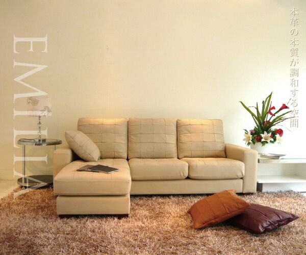 カウチソファ 本革 3人掛け コンパクト L字 ダイニング ソファ レザー リビング コーナーソファ ロータイプ イタリア社ブランド革 シンプル クッション付き ホワイト 白 おしゃれ 12色対応 設置対応可（別途） 881bp-3p-ot<br>