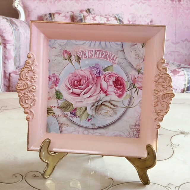 スクエアトレー　ピンク　【薔薇雑貨　ローズ雑貨　シャビーシック　トレイ　お盆　小物入れ　収納　インテリア雑貨　アンティーク】