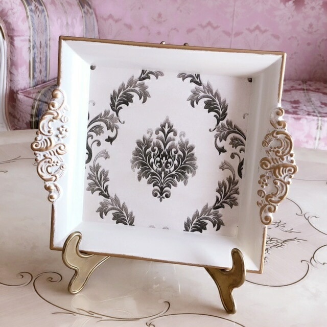 スクエアトレー　ダマスク　【薔薇雑貨　ローズ雑貨　シャビーシック　トレイ　お盆　小物入れ　収納　インテリア雑貨　アンティーク】