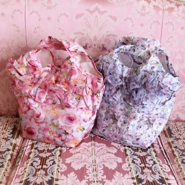 メール便可】 フリル付きエコバッグ 【薔薇雑貨 ローズ雑貨 花柄