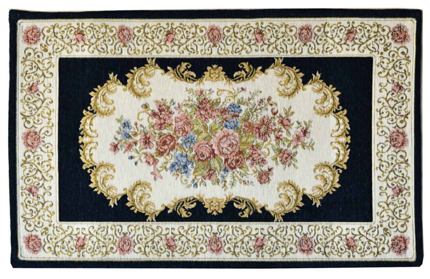 シェニールマット（Mサイズ・約７０×１２０）　メダリオン　ブルー　【薔薇雑貨　ゴブラン織り　ルームマット　玄関マット　キッチンマット　カーペット　ラグマット　敷物】