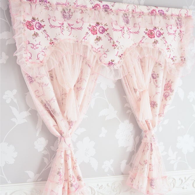 ロココ調　薔薇のレースカーテン（ピンク）　９０×９０　【薔薇雑貨　薔薇柄カーテン　カフェカーテン　暖簾　のれん】