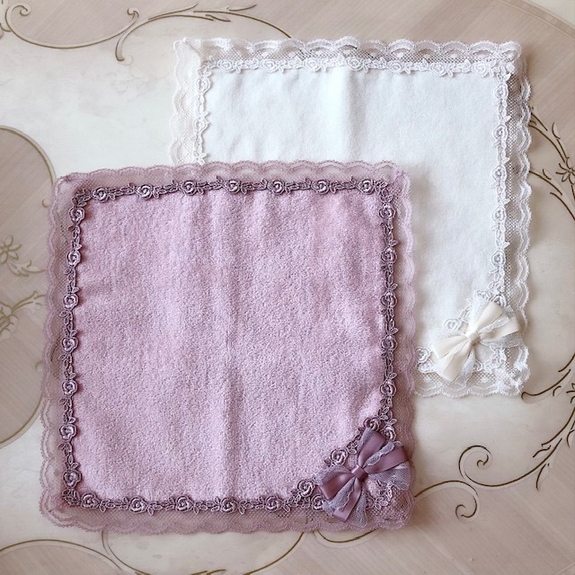 【メール便可】　バラレースリボンタオルハンカチ　日本製　【薔薇雑貨　ローズ雑貨　リボン　タオル　レースハンカチ　花柄　ギフト　プレゼント】