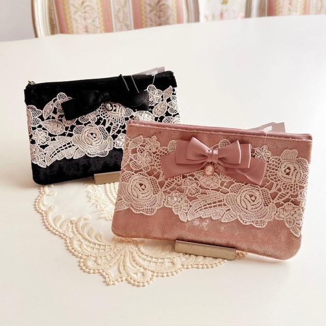 【メール便可】　薔薇レースベロアフラットポーチ　【薔薇雑貨　ローズ雑貨　姫系雑貨　小物入れ　カメオ　プリンセス　ロココ　ポーチ　ギフト】
