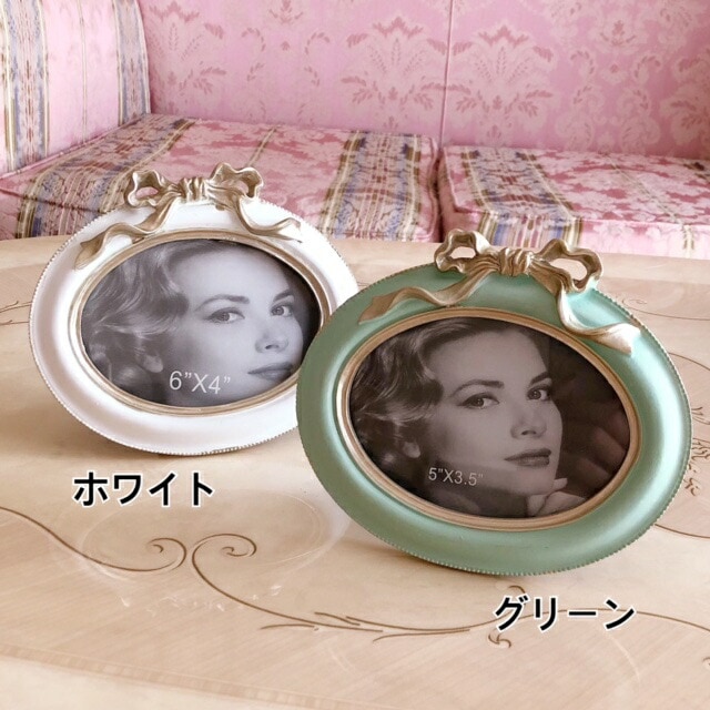 リボンオーバルフォトフレーム　【薔薇雑貨　姫系雑貨　写真立て　シャビーシック　ロココ　お祝い　プレゼント】