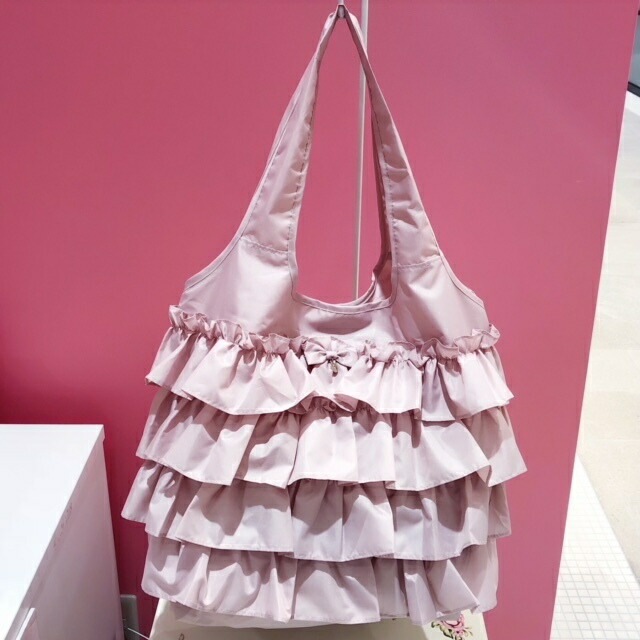 【メール便可】フリルエコバッグＬ　【薔薇雑貨　リボン　ロココ　プリンセス　サブバッグ　携帯バッグ　軽量　ショッピングバッグ　ポーチ】