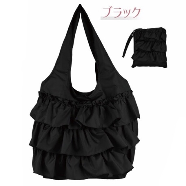 【メール便可】フリルエコバッグＬ　【薔薇雑貨　リボン　ロココ　プリンセス　サブバッグ　携帯バッグ　軽量　ショッピングバッグ　ポーチ】