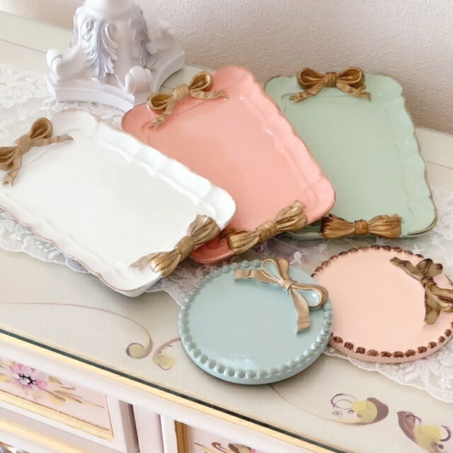 リボンコースター　プリンセスライン　【薔薇雑貨　ローズ雑貨　シャビーシック　トレイ　お盆　小物入れ　フレンチ　ロココ　カトラリーケース】