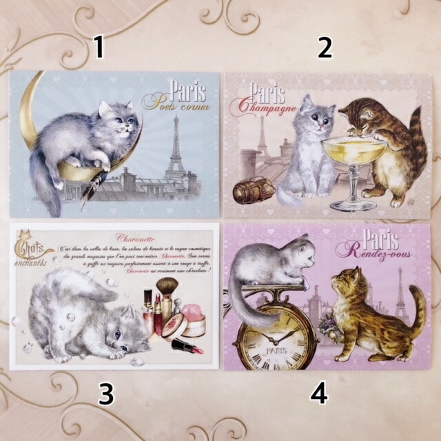【メール便可】　フランス製キャットポストカード　【はがき　ハガキ　葉書　ネコ雑貨　猫　ロココ　ハガキ　レターセット　手紙　ステーショナリー】