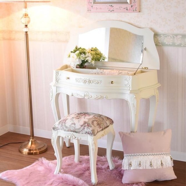 【特別セール】　コンソールドレッサー＆スツールセット　ホワイト　【薔薇雑貨　ロココ調家具　ホワイト家具　ミラー　デスク　鏡台】