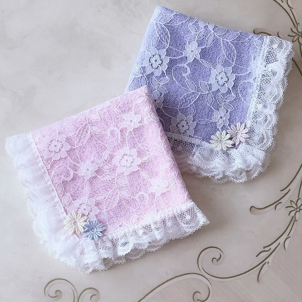 【メール便可】　レース重ねタオルハンカチ　日本製　【薔薇雑貨　ローズ雑貨　タオル　レースハンカチ　花柄　ギフト　プレゼント】