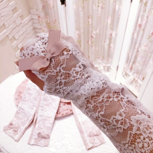 【メール便可】　プリンセスリボンUV手袋　ロング　モーブピンク　【薔薇雑貨　グローブ　アクセサリー　紫外線対策　ローズ　レース　リボン】