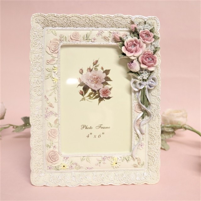 ローズフォトフレーム アイボリー 【薔薇雑貨 ローズ雑貨 姫系雑貨 プリンセス 写真立て お祝い プレゼント】