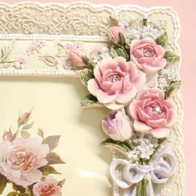 ローズフォトフレーム アイボリー 【薔薇雑貨 ローズ雑貨 姫系雑貨 プリンセス 写真立て お祝い プレゼント】