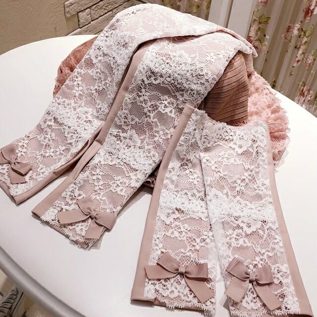 【メール便可】　プリンセスリボンUV手袋　ショート　モーブピンク　【薔薇雑貨　グローブ　アクセサリー　紫外線対策　ローズ　レース　リボン】