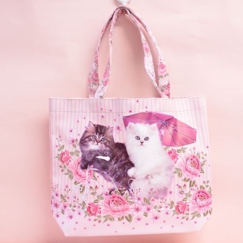 キャット＆ローズトートバッグ　ミニサイズ　【ショルダーバッグ　サブバッグ　お稽古バッグ　防水　薔薇雑貨　ネコ柄　プリンセス】