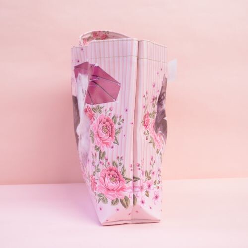 キャット＆ローズトートバッグ　ミニサイズ　【ショルダーバッグ　サブバッグ　お稽古バッグ　防水　薔薇雑貨　ネコ柄　プリンセス】