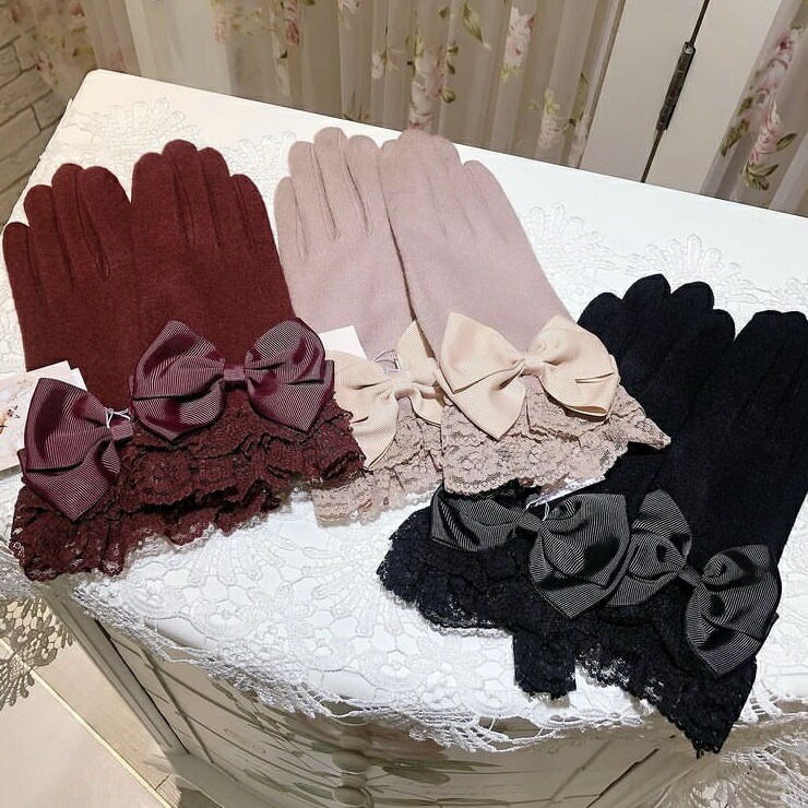 【メール便可】　プリンセスリボンレース手袋　【薔薇雑貨　グローブ　アクセサリー　防寒対策　冬小物　ローズ　レース　リボン】