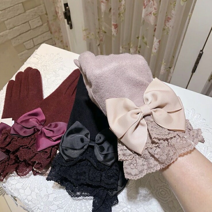 【メール便可】　プリンセスリボンレース手袋　【薔薇雑貨　グローブ　アクセサリー　防寒対策　冬小物　ローズ　レース　リボン】