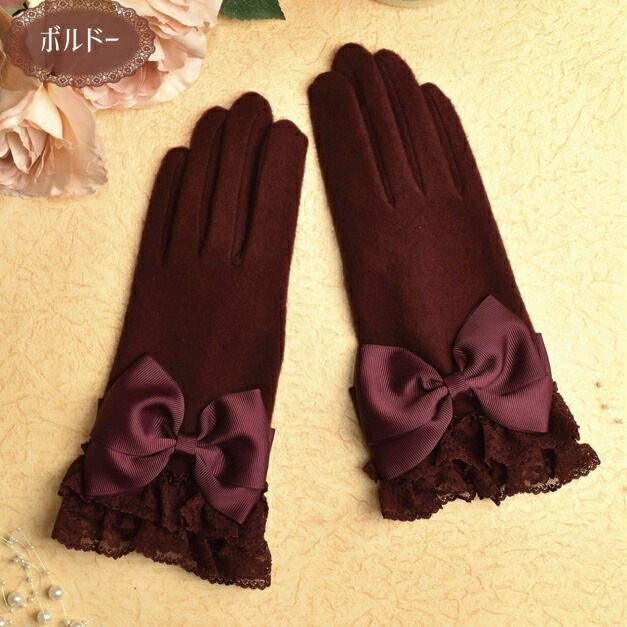 【メール便可】　プリンセスリボンレース手袋　【薔薇雑貨　グローブ　アクセサリー　防寒対策　冬小物　ローズ　レース　リボン】