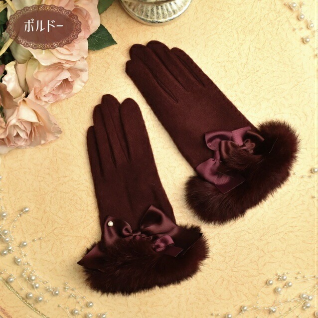 【メール便可】　リボン飾りファー手袋　【薔薇雑貨　グローブ　アクセサリー　防寒対策　冬小物　ローズ　レース　リボン】