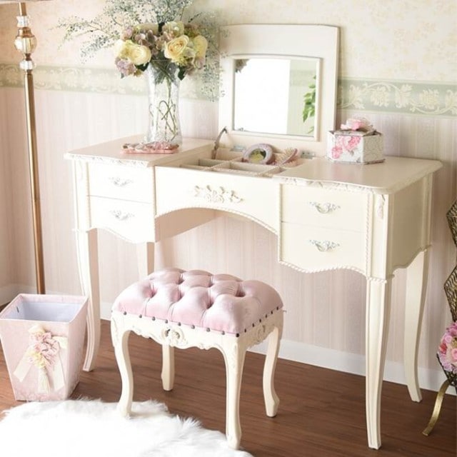 【特別セール】　アンティーク調ロココドレッサー 　【薔薇雑貨　姫系雑貨　ロココ調家具　ホワイト家具　ミラー　デスク　鏡台】