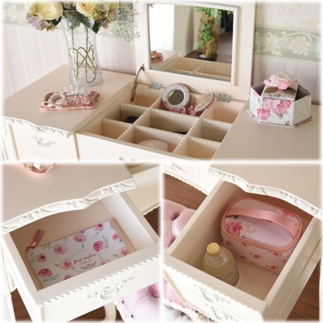 【特別セール】　アンティーク調ロココドレッサー 　【薔薇雑貨　姫系雑貨　ロココ調家具　ホワイト家具　ミラー　デスク　鏡台】