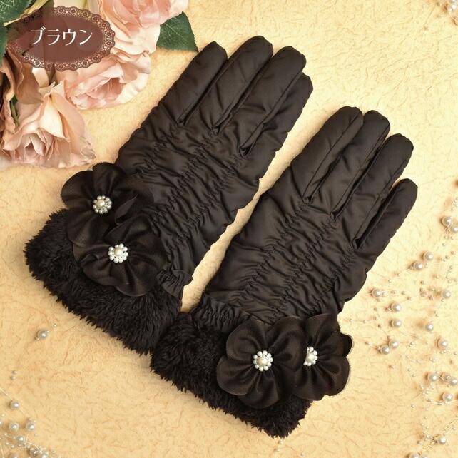 【メール便可】　ラユール中綿手袋　【薔薇雑貨　グローブ　アクセサリー　防寒対策　冬小物　ローズ　レース　リボン】