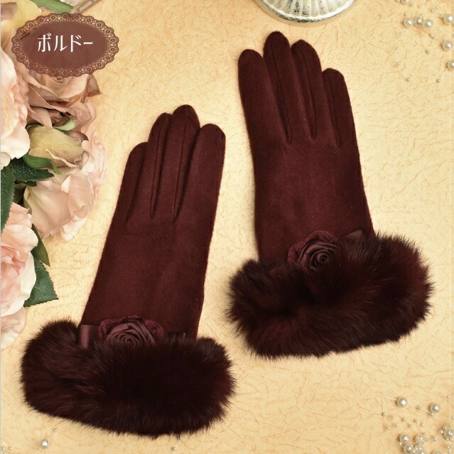 【メール便可】　薔薇リボンファー手袋　【薔薇雑貨　グローブ　アクセサリー　防寒対策　冬小物　ローズ　レース　リボン】