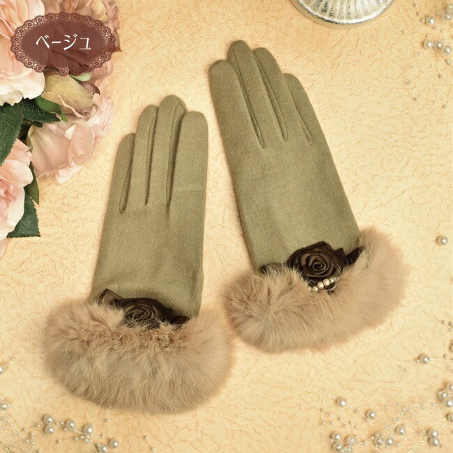 【メール便可】　薔薇リボンファー手袋　【薔薇雑貨　グローブ　アクセサリー　防寒対策　冬小物　ローズ　レース　リボン】